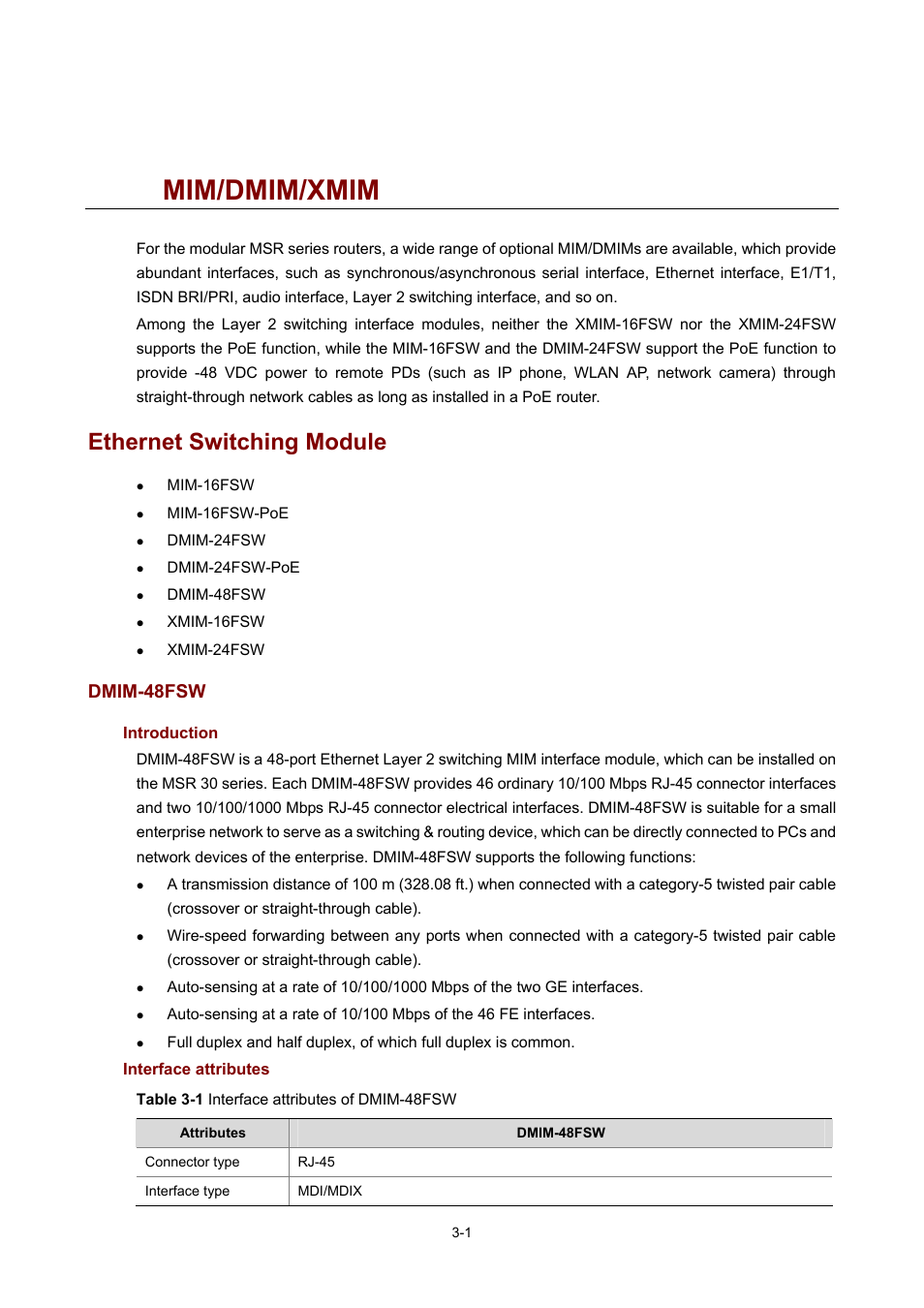 3 mim/dmim/xmim, Ethernet switching module, Dmim-48fsw | Introduction, Interface attributes, Mim/dmim/xmim | H3C Technologies H3C MSR 50 User Manual | Page 105 / 308