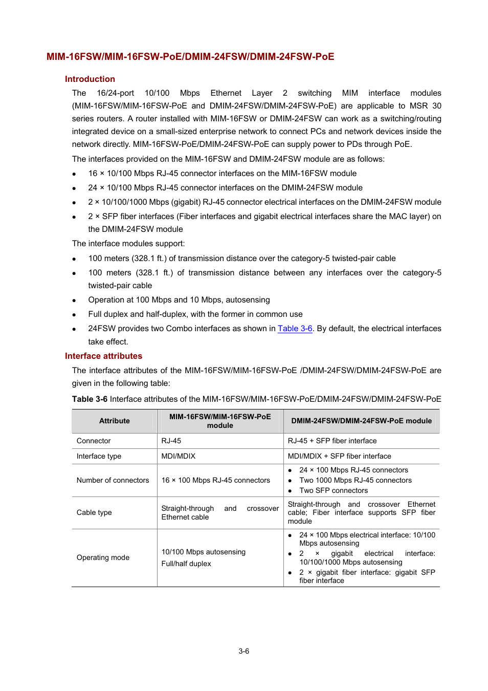 Mim-16fsw/mim-16fsw-poe/dmim-24fsw/dmim-24fsw-poe, Introduction, Interface attributes | H3C Technologies H3C MSR 50 User Manual | Page 110 / 308