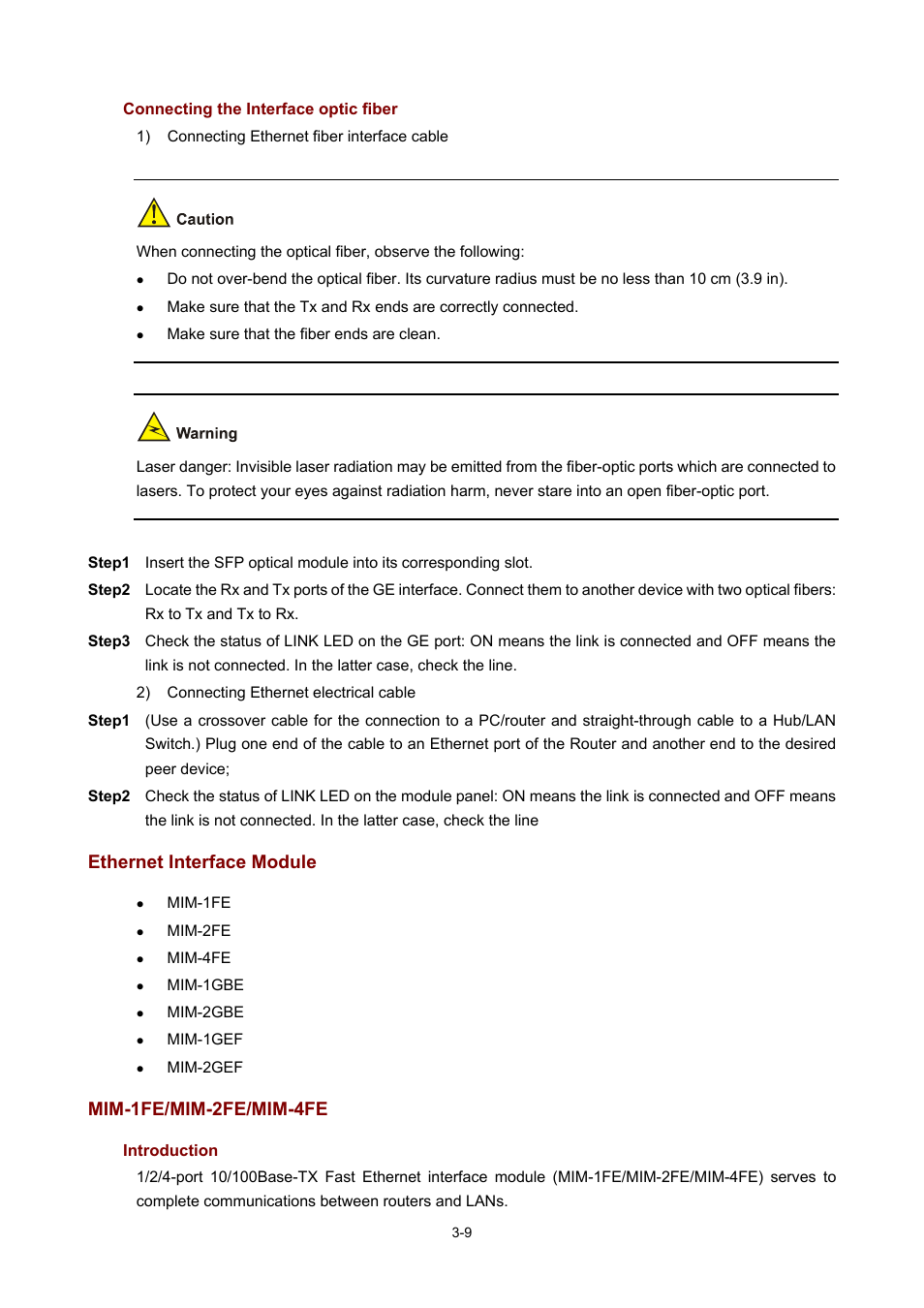 Connecting the interface optic fiber, Ethernet interface module, Mim-1fe/mim-2fe/mim-4fe | Introduction, 9 mim-1fe/mim-2fe/mim-4fe | H3C Technologies H3C MSR 50 User Manual | Page 113 / 308