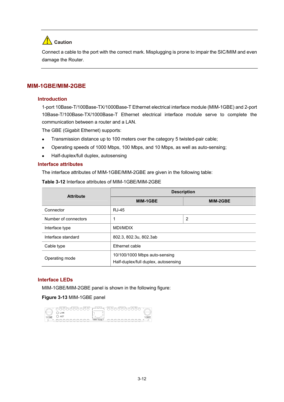 Mim-1gbe/mim-2gbe, Introduction, Interface attributes | Interface leds | H3C Technologies H3C MSR 50 User Manual | Page 116 / 308