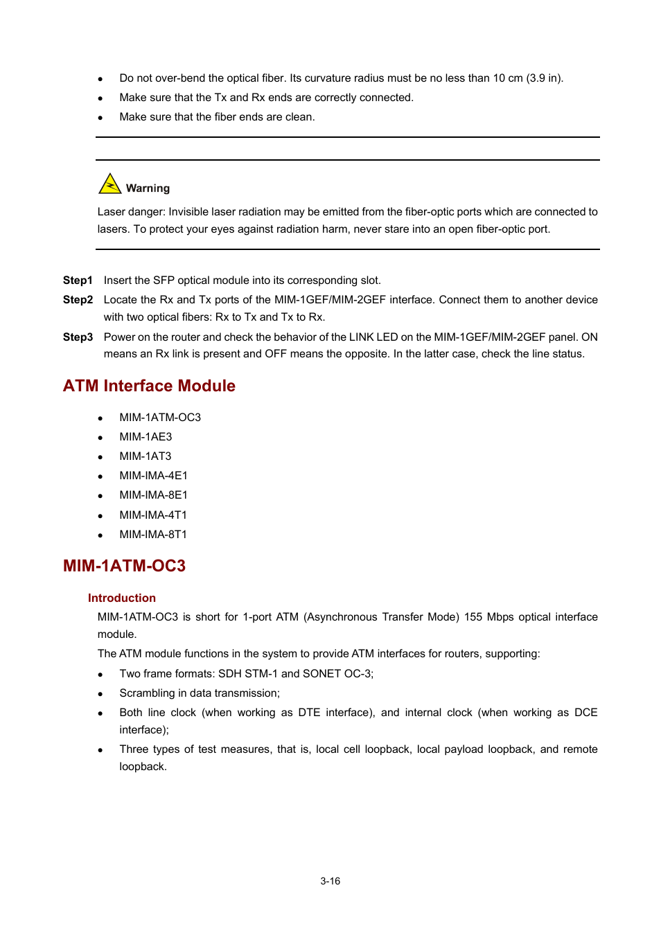 Atm interface module, Mim-1atm-oc3, Introduction | 16 mim-1atm-oc3 | H3C Technologies H3C MSR 50 User Manual | Page 120 / 308