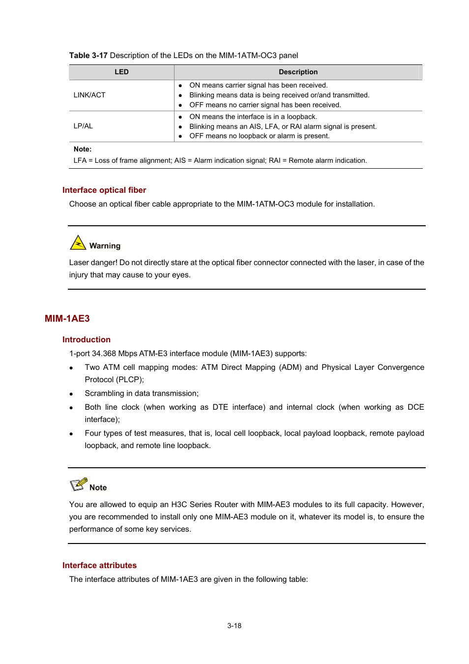 Interface optical fiber, Mim-1ae3, Introduction | Interface attributes | H3C Technologies H3C MSR 50 User Manual | Page 122 / 308