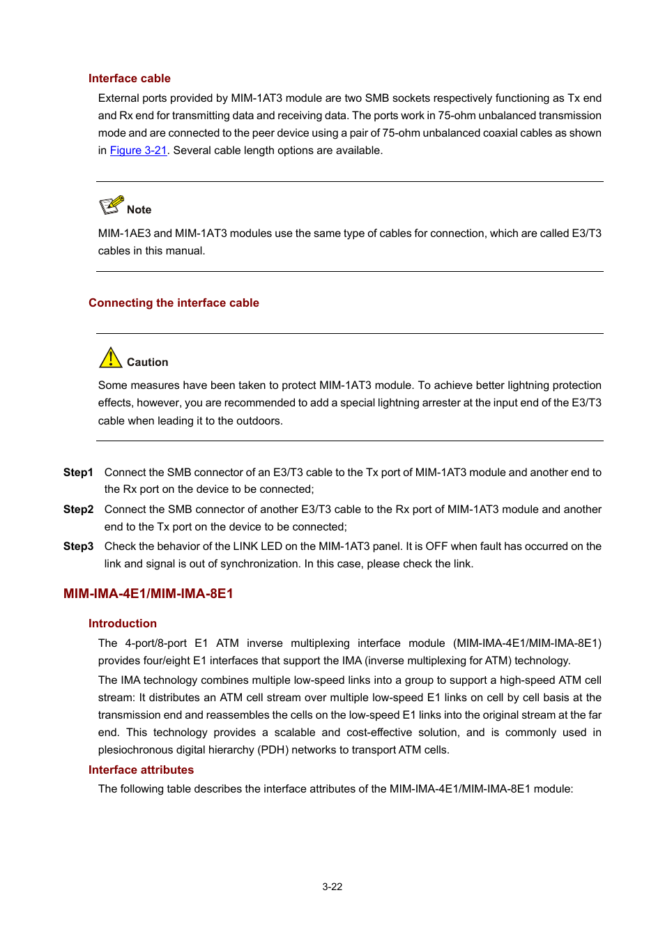 Interface cable, Connecting the interface cable, Mim-ima-4e1/mim-ima-8e1 | Introduction, Interface attributes | H3C Technologies H3C MSR 50 User Manual | Page 126 / 308