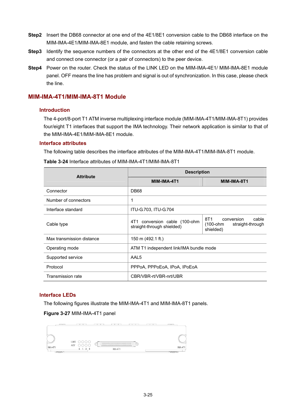 Mim-ima-4t1/mim-ima-8t1 module, Introduction, Interface attributes | Interface leds | H3C Technologies H3C MSR 50 User Manual | Page 129 / 308