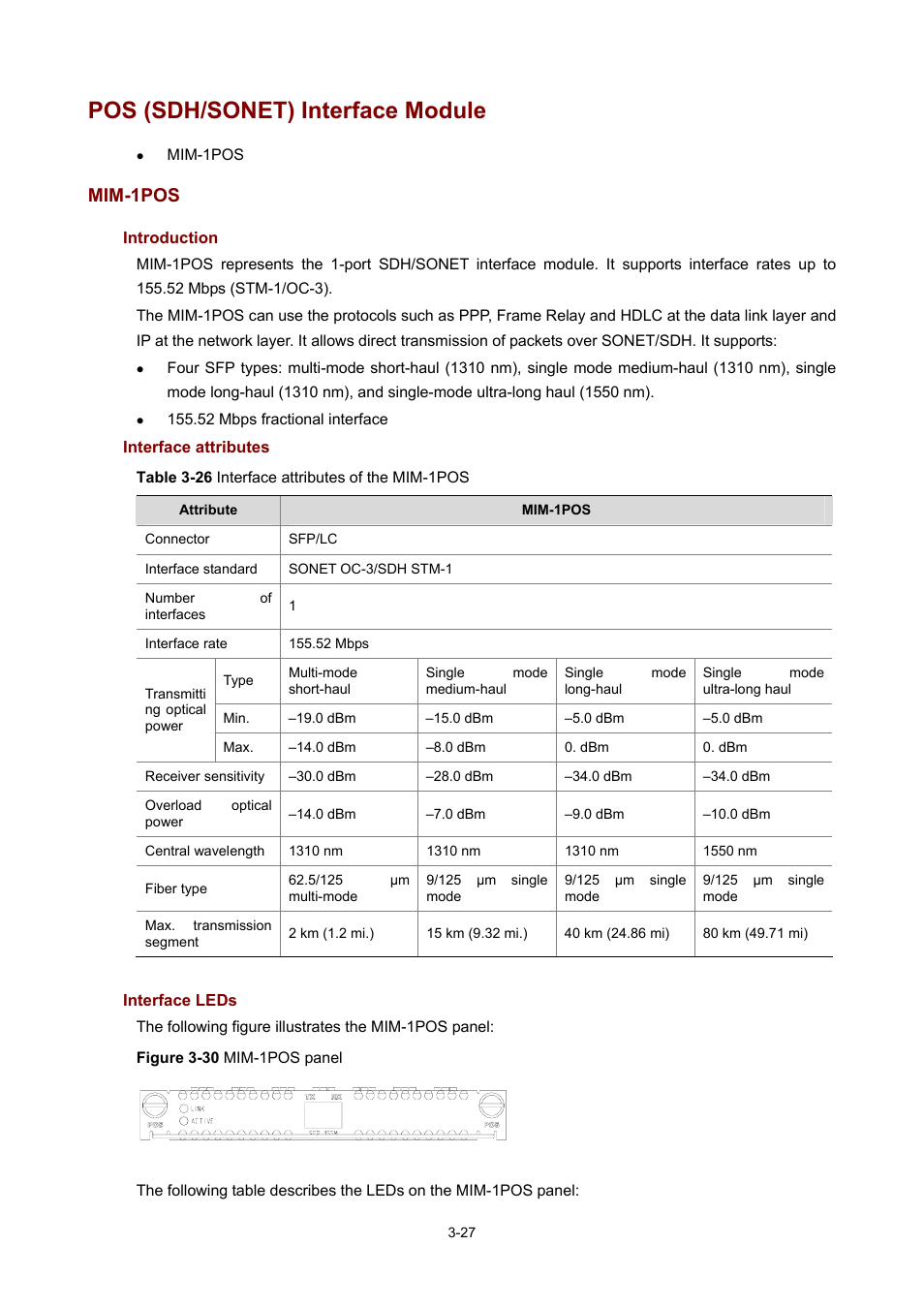 Pos (sdh/sonet) interface module, Mim-1pos, Introduction | Interface attributes, Interface leds | H3C Technologies H3C MSR 50 User Manual | Page 131 / 308