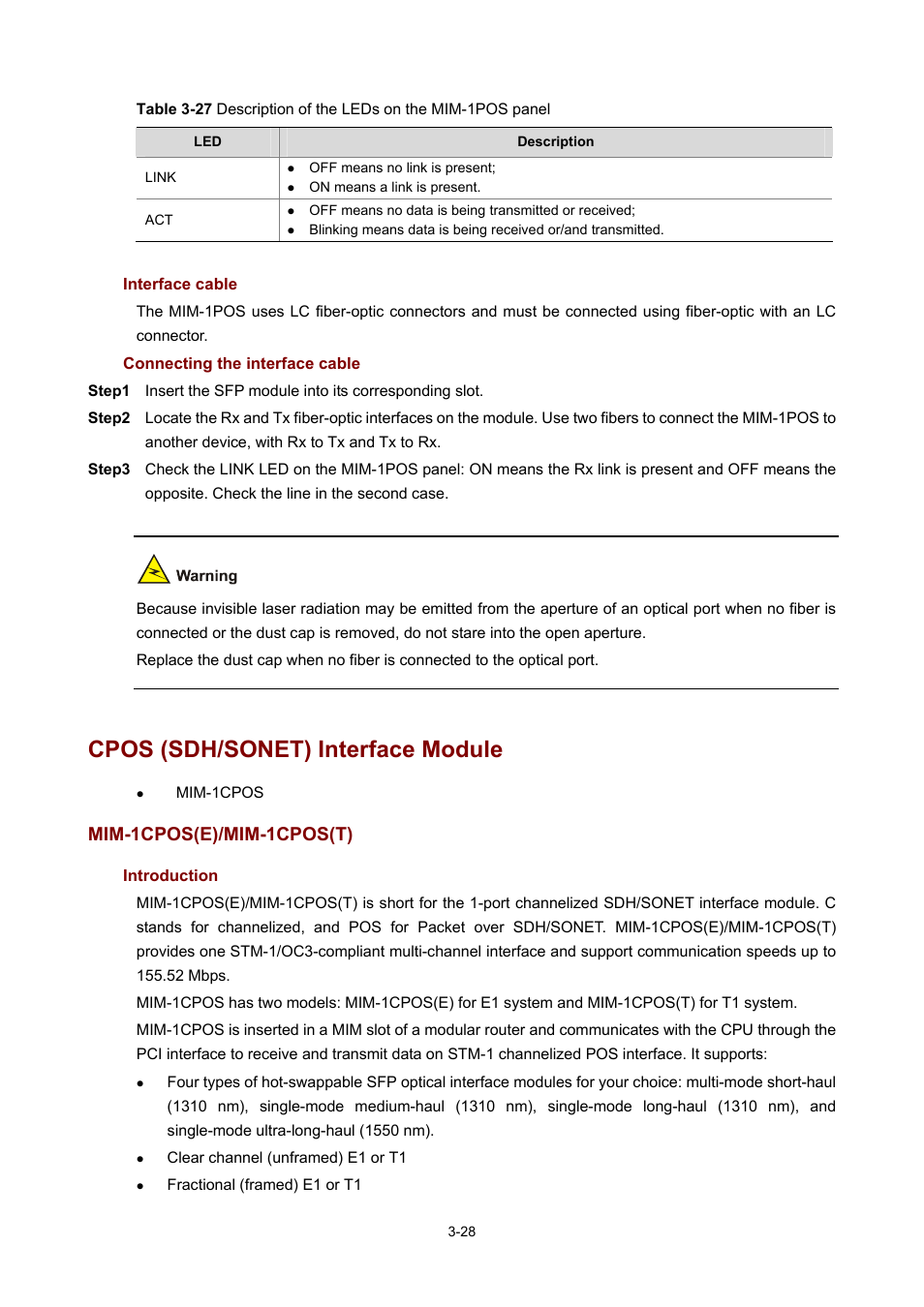 Interface cable, Connecting the interface cable, Cpos (sdh/sonet) interface module | Mim-1cpos(e)/mim-1cpos(t), Introduction | H3C Technologies H3C MSR 50 User Manual | Page 132 / 308