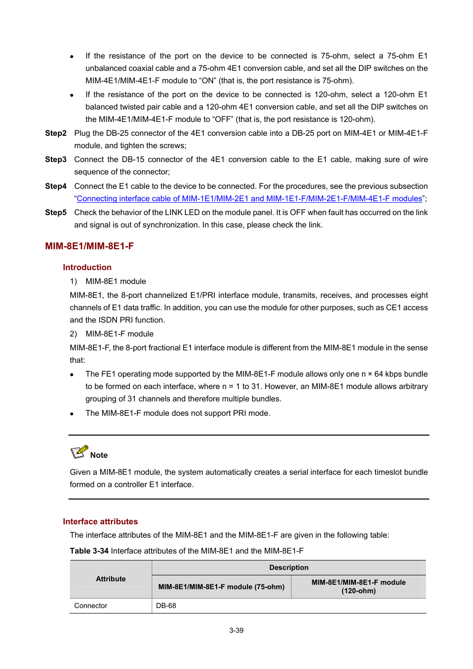 Mim-8e1/mim-8e1-f, Introduction, Interface attributes | H3C Technologies H3C MSR 50 User Manual | Page 143 / 308