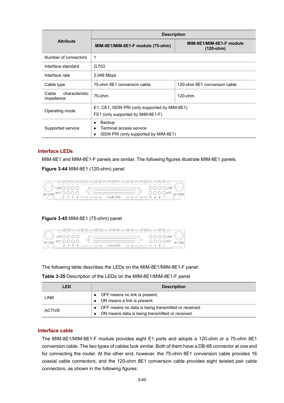 Interface leds, Interface cable | H3C Technologies H3C MSR 50 User Manual | Page 144 / 308