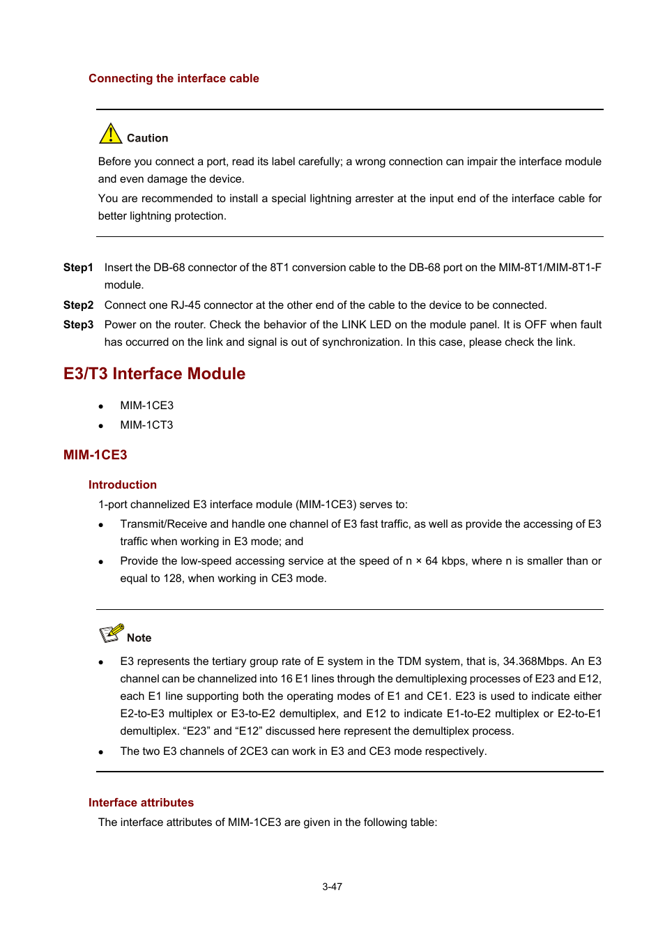 Connecting the interface cable, E3/t3 interface module, Mim-1ce3 | Introduction, Interface attributes | H3C Technologies H3C MSR 50 User Manual | Page 151 / 308