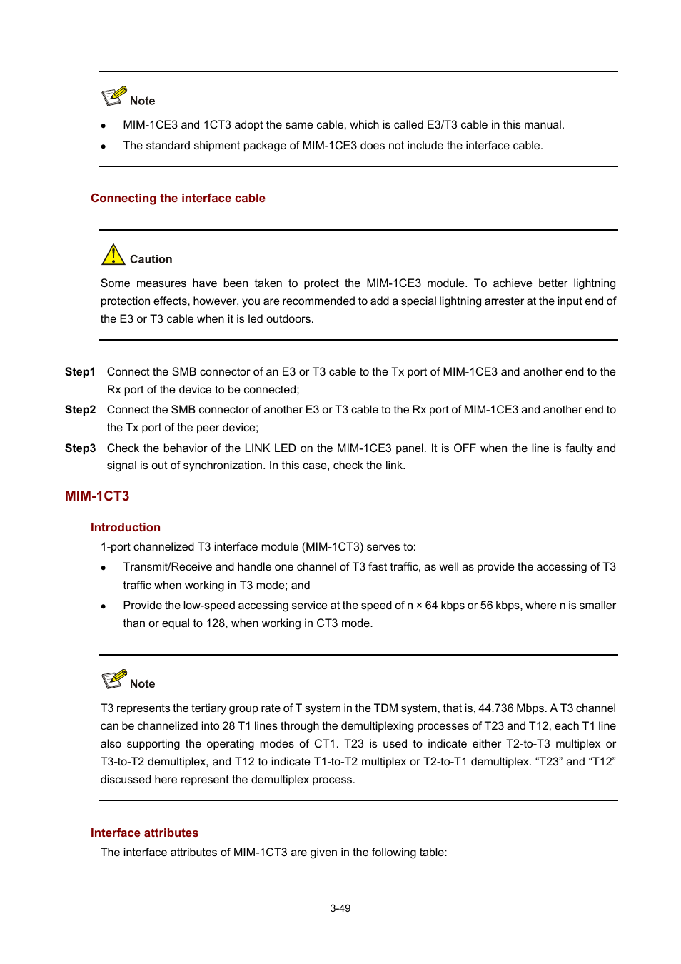 Connecting the interface cable, Mim-1ct3, Introduction | Interface attributes | H3C Technologies H3C MSR 50 User Manual | Page 153 / 308