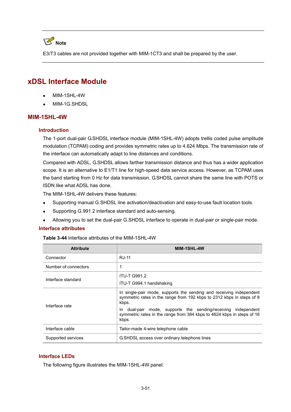 Xdsl interface module, Mim-1shl-4w, Introduction | Interface attributes, Interface leds | H3C Technologies H3C MSR 50 User Manual | Page 155 / 308