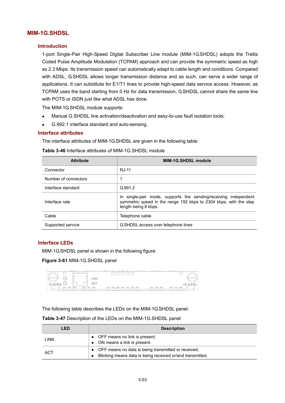 Mim-1g.shdsl, Introduction, Interface attributes | Interface leds | H3C Technologies H3C MSR 50 User Manual | Page 157 / 308