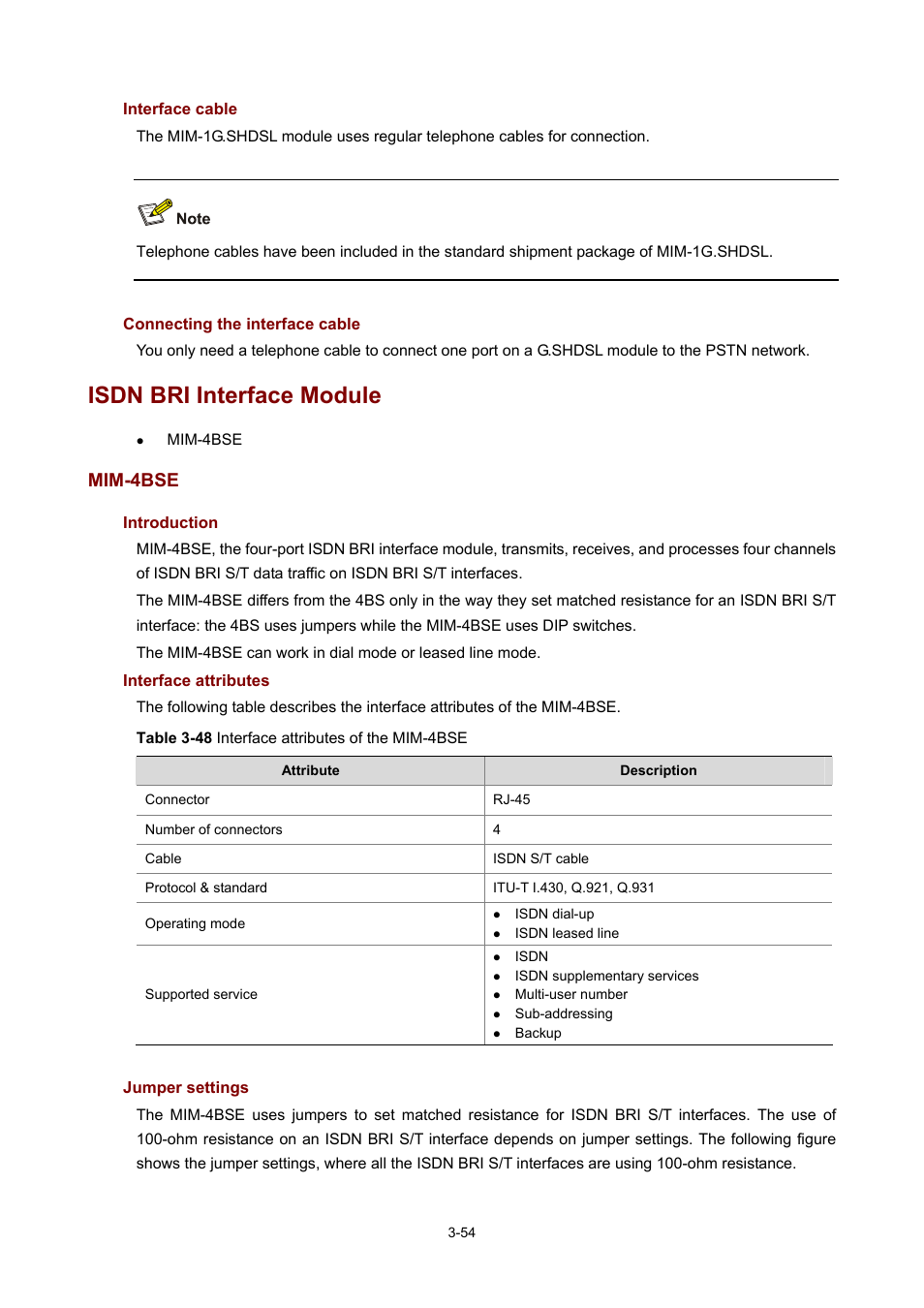 Interface cable, Connecting the interface cable, Isdn bri interface module | Mim-4bse, Introduction, Interface attributes, Jumper settings | H3C Technologies H3C MSR 50 User Manual | Page 158 / 308