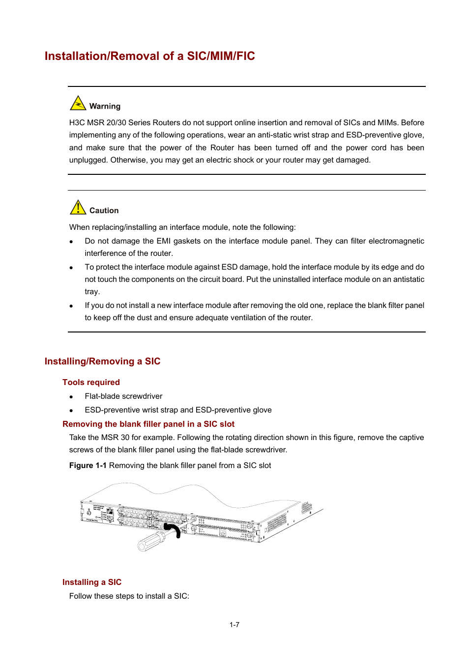 Installation/removal of a sic/mim/fic, Installing/removing a sic, Tools required | Removing the blank filler panel in a sic slot, Installing a sic | H3C Technologies H3C MSR 50 User Manual | Page 16 / 308