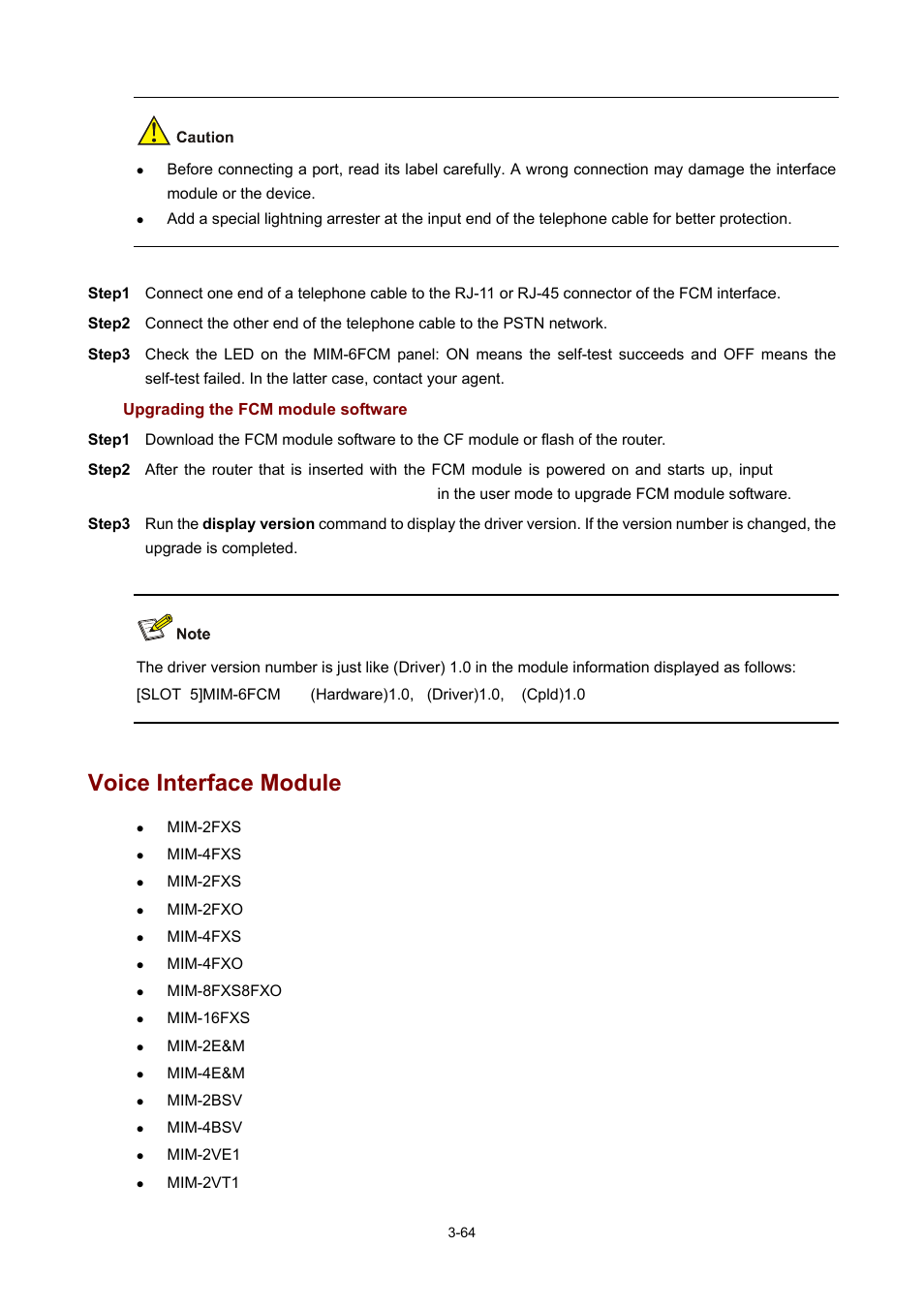 Upgrading the fcm module software, Voice interface module | H3C Technologies H3C MSR 50 User Manual | Page 168 / 308