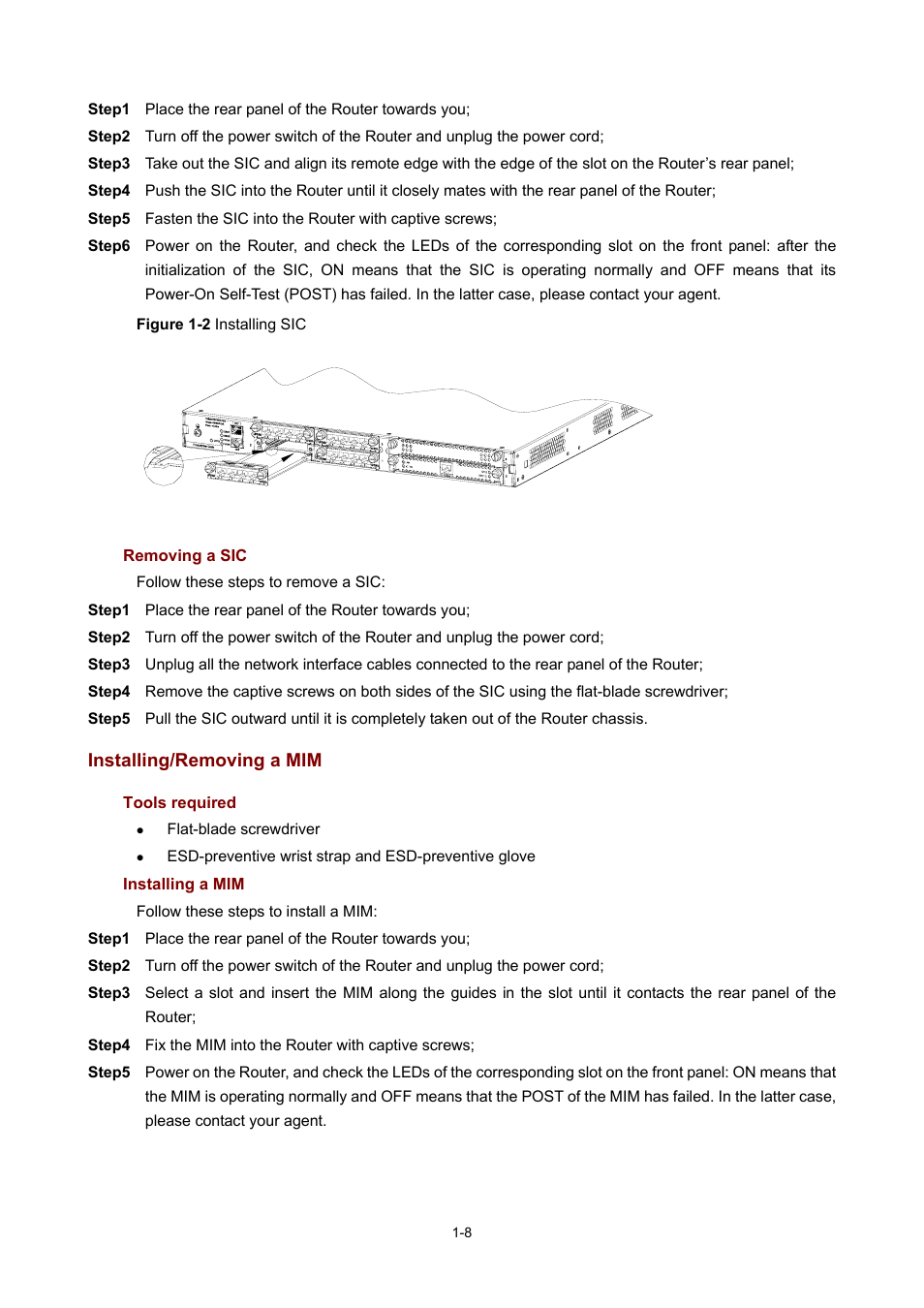 Removing a sic, Installing/removing a mim, Tools required | Installing a mim | H3C Technologies H3C MSR 50 User Manual | Page 17 / 308