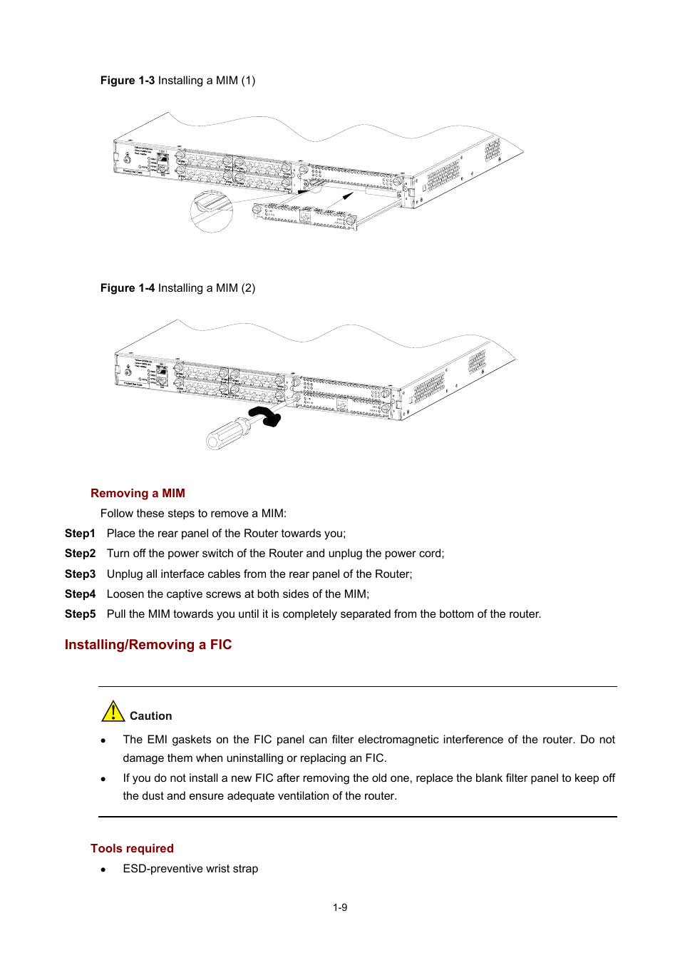 Removing a mim, Installing/removing a fic, Tools required | H3C Technologies H3C MSR 50 User Manual | Page 18 / 308