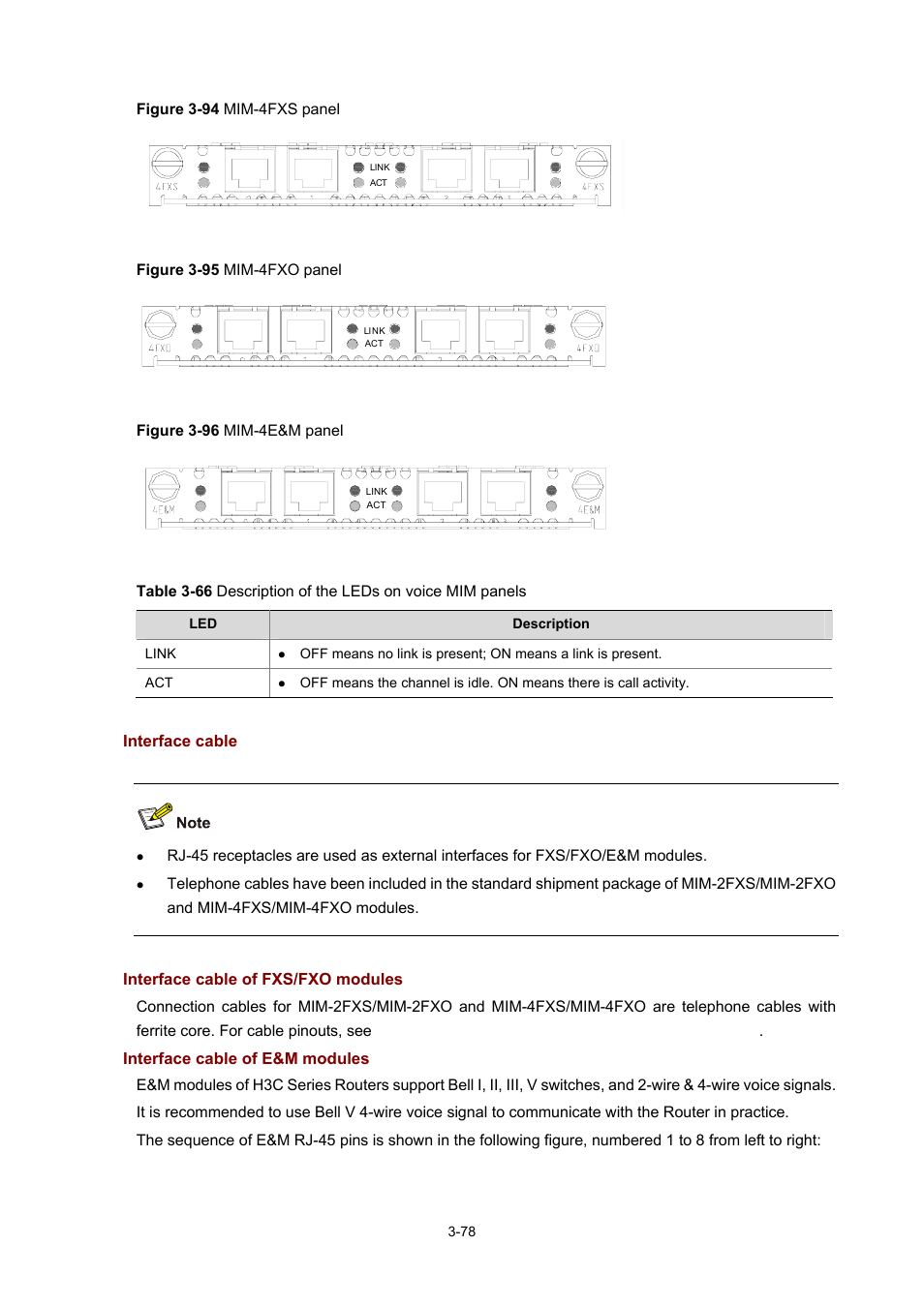 Interface cable, Interface cable of fxs/fxo modules, Interface cable of e&m modules | H3C Technologies H3C MSR 50 User Manual | Page 182 / 308