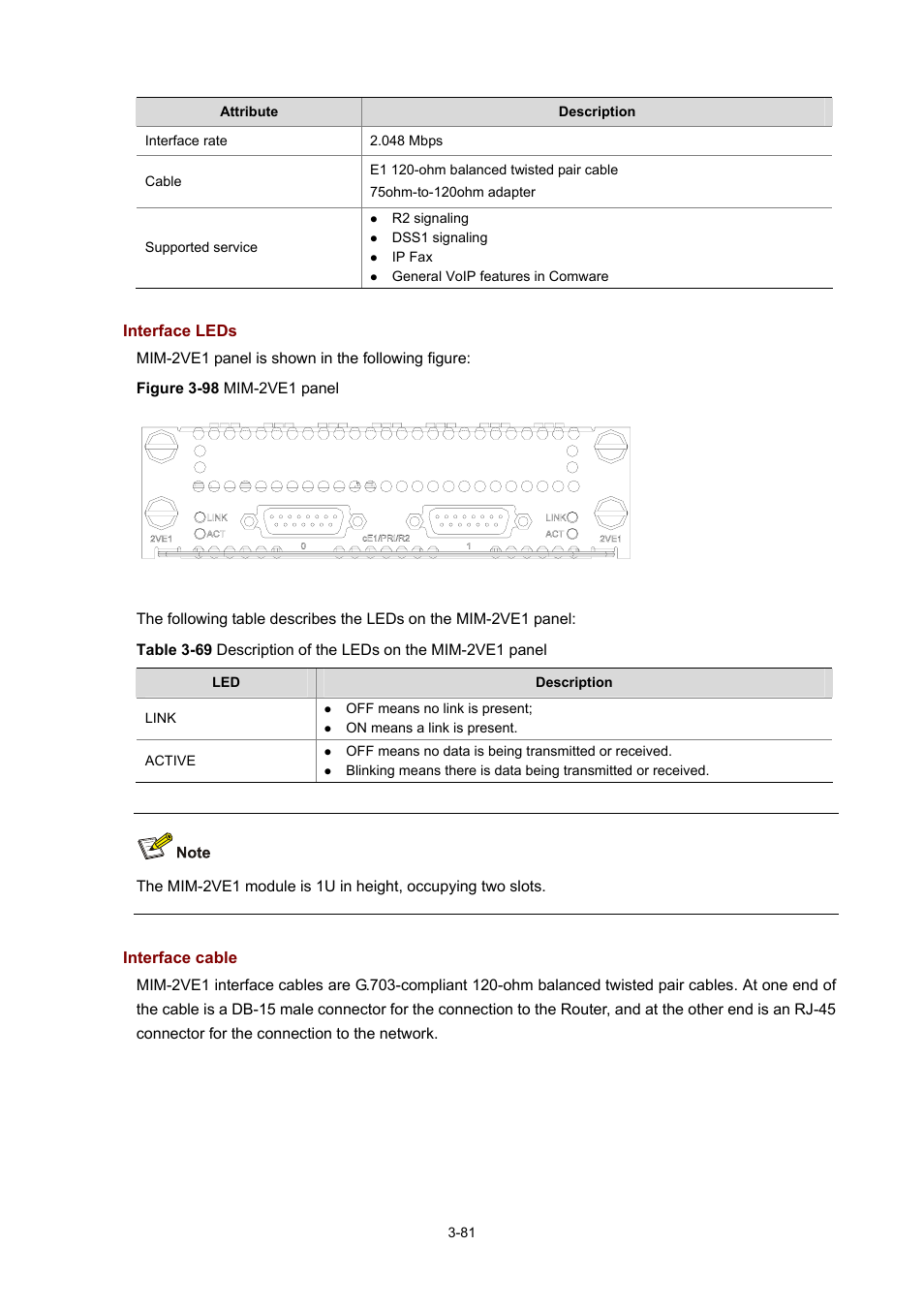 Interface leds, Interface cable | H3C Technologies H3C MSR 50 User Manual | Page 185 / 308