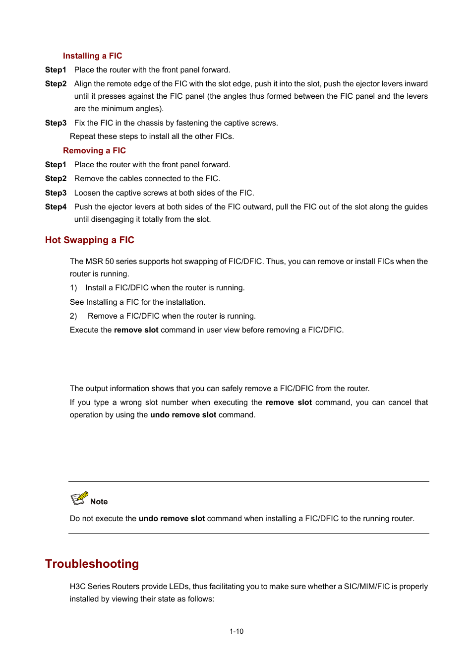 Installing a fic, Removing a fic, Hot swapping a fic | Troubleshooting | H3C Technologies H3C MSR 50 User Manual | Page 19 / 308