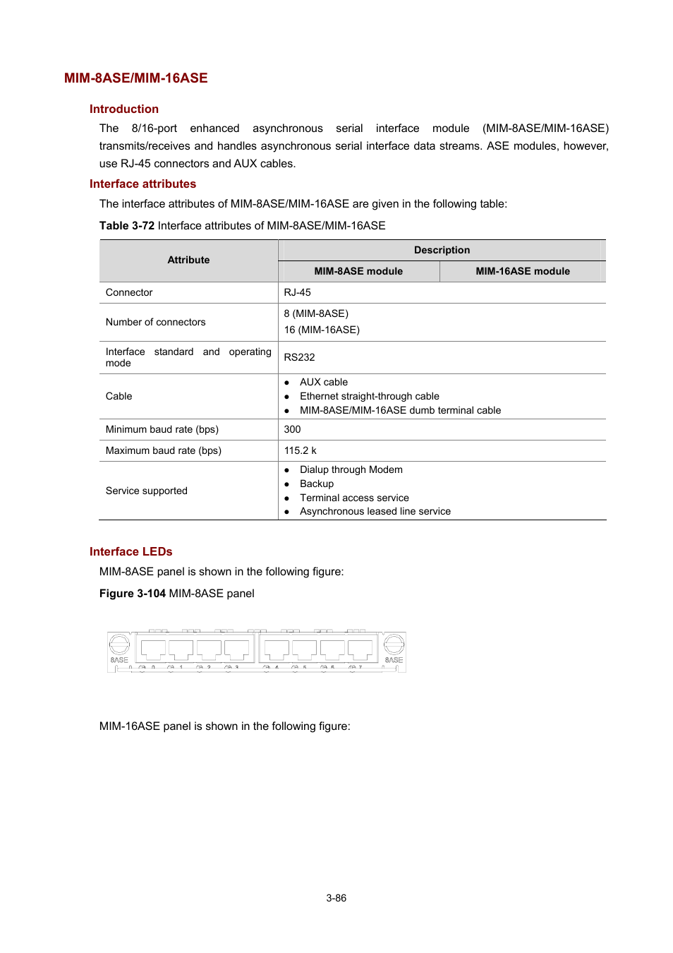 Mim-8ase/mim-16ase, Introduction, Interface attributes | Interface leds | H3C Technologies H3C MSR 50 User Manual | Page 190 / 308