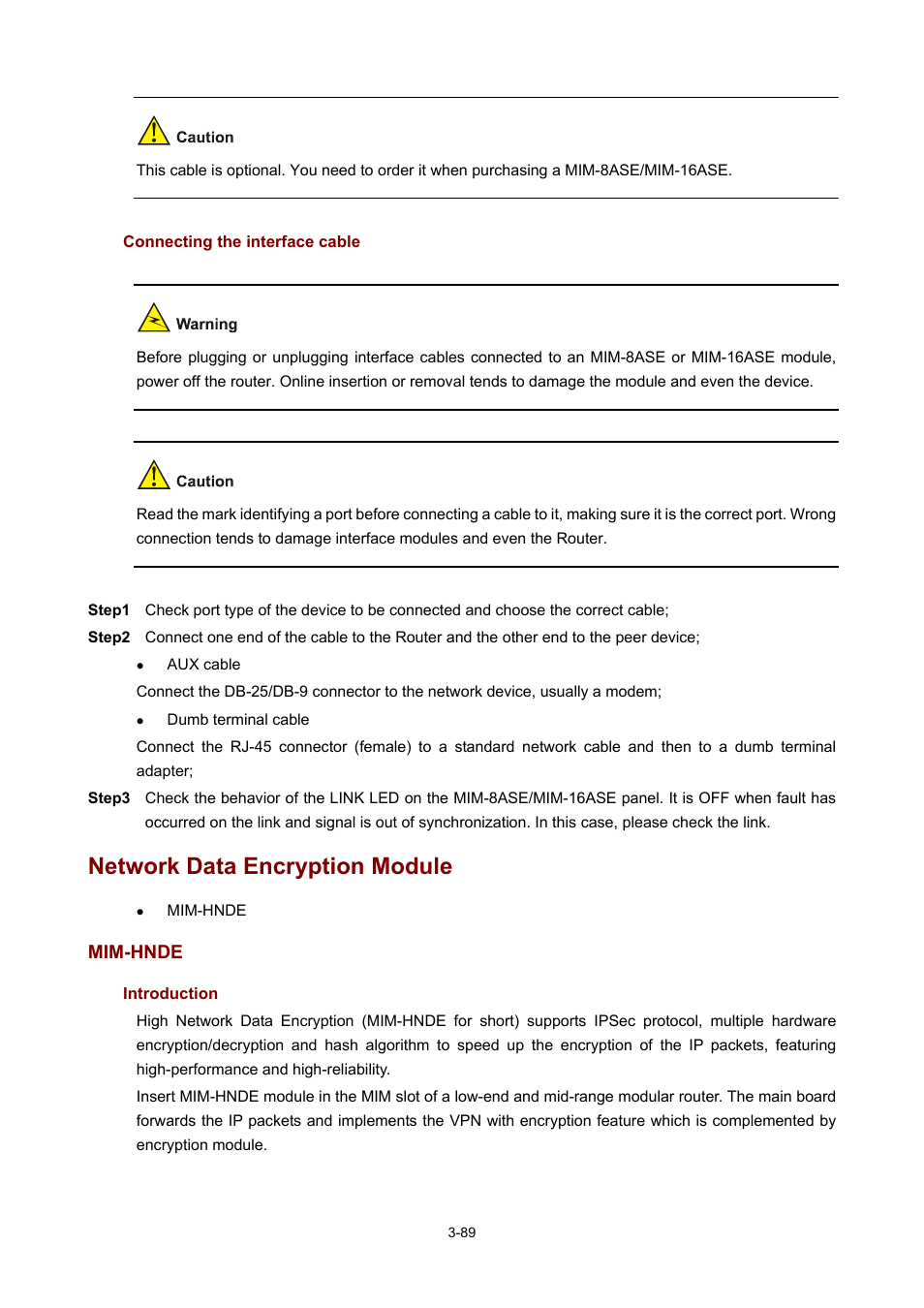 Connecting the interface cable, Network data encryption module, Mim-hnde | Introduction | H3C Technologies H3C MSR 50 User Manual | Page 193 / 308