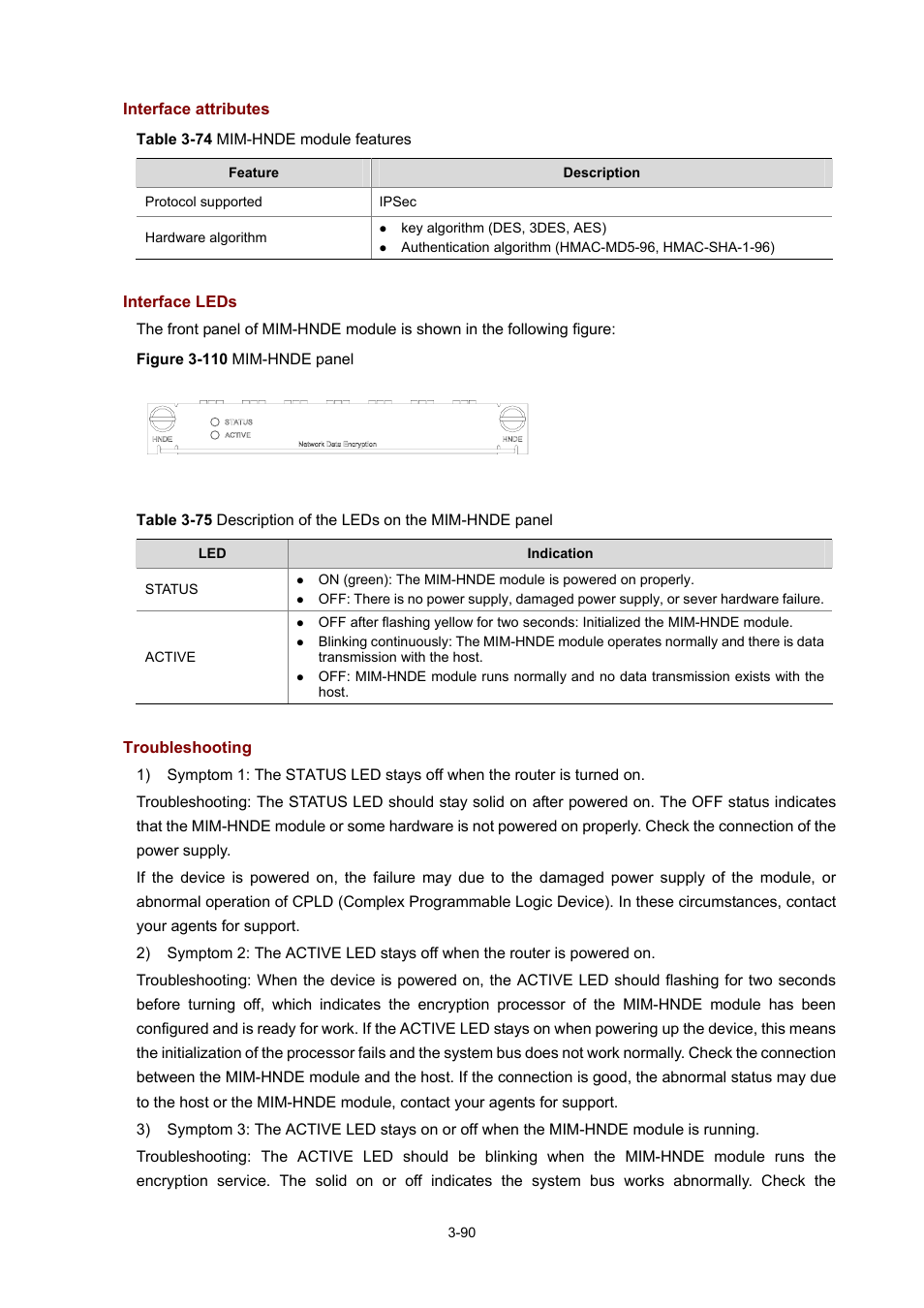 Interface attributes, Interface leds, Troubleshooting | H3C Technologies H3C MSR 50 User Manual | Page 194 / 308