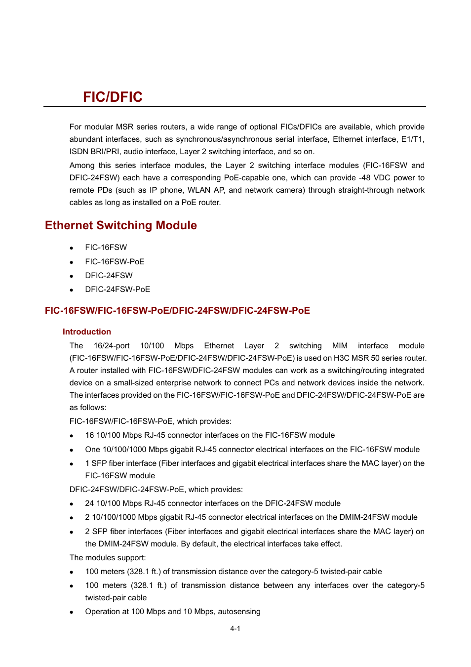 4 fic/dfic, Ethernet switching module, Fic-16fsw/fic-16fsw-poe/dfic-24fsw/dfic-24fsw-poe | Introduction, Fic/dfic | H3C Technologies H3C MSR 50 User Manual | Page 196 / 308