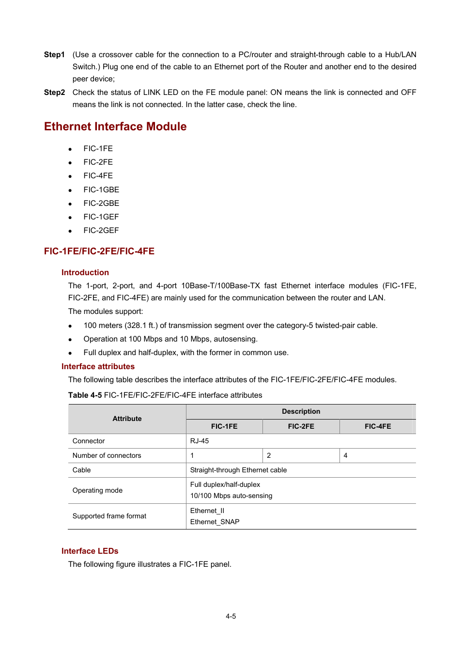 Ethernet interface module, Fic-1fe/fic-2fe/fic-4fe, Introduction | Interface attributes, Interface leds | H3C Technologies H3C MSR 50 User Manual | Page 200 / 308