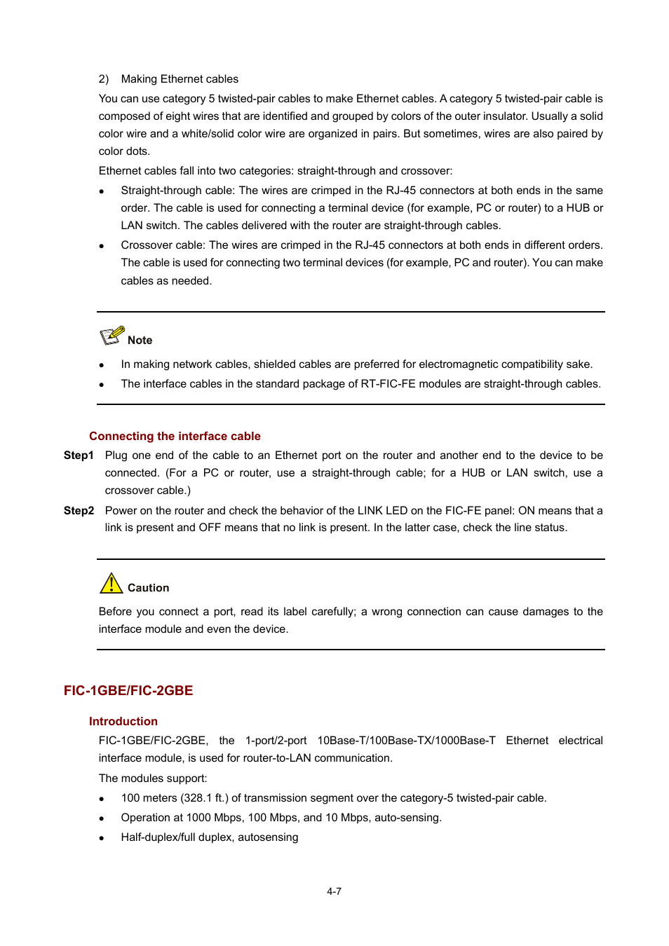 Connecting the interface cable, Fic-1gbe/fic-2gbe, Introduction | H3C Technologies H3C MSR 50 User Manual | Page 202 / 308