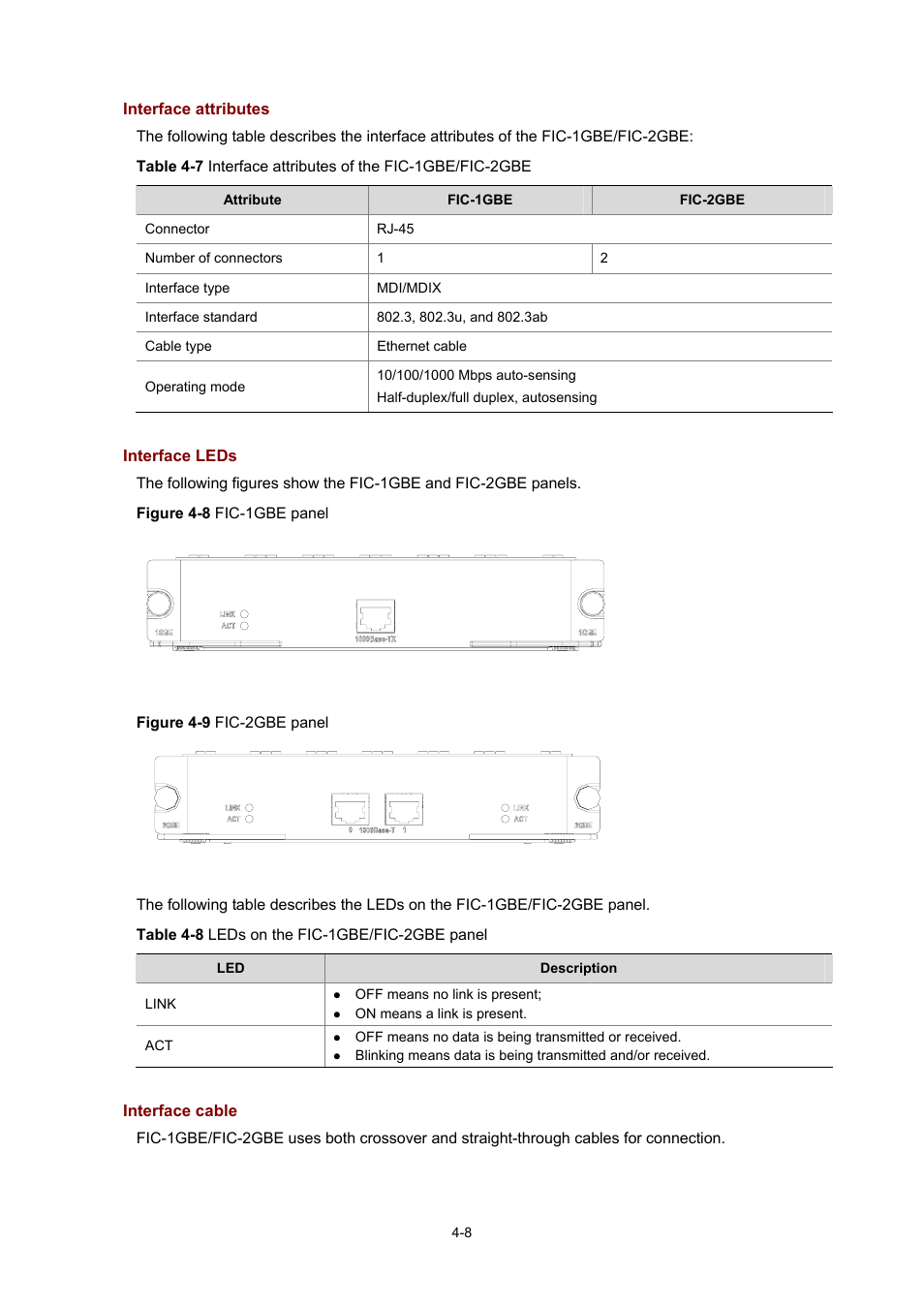 Interface attributes, Interface leds, Interface cable | H3C Technologies H3C MSR 50 User Manual | Page 203 / 308