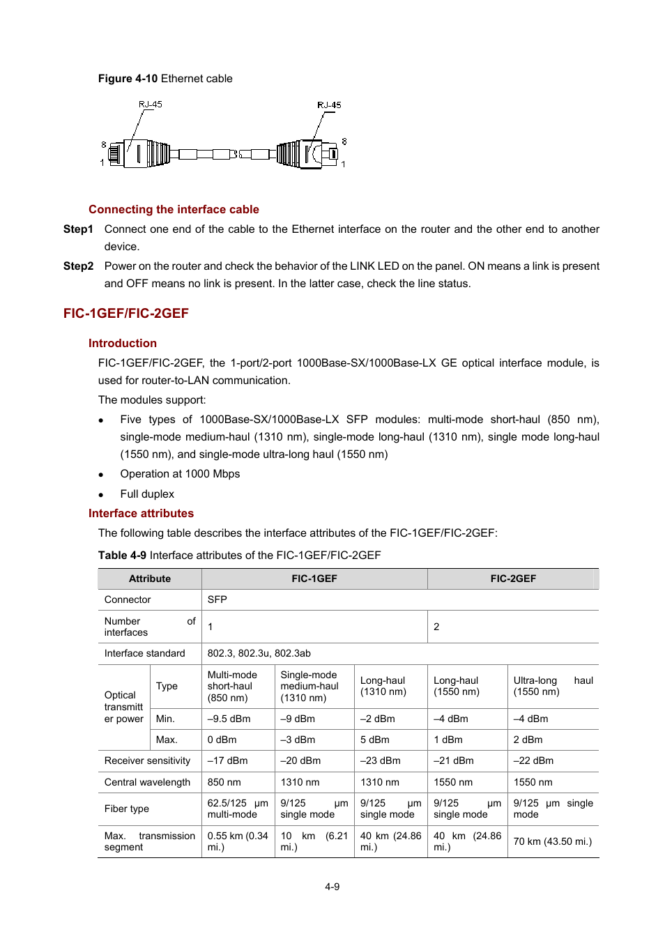 Connecting the interface cable, Fic-1gef/fic-2gef, Introduction | Interface attributes | H3C Technologies H3C MSR 50 User Manual | Page 204 / 308