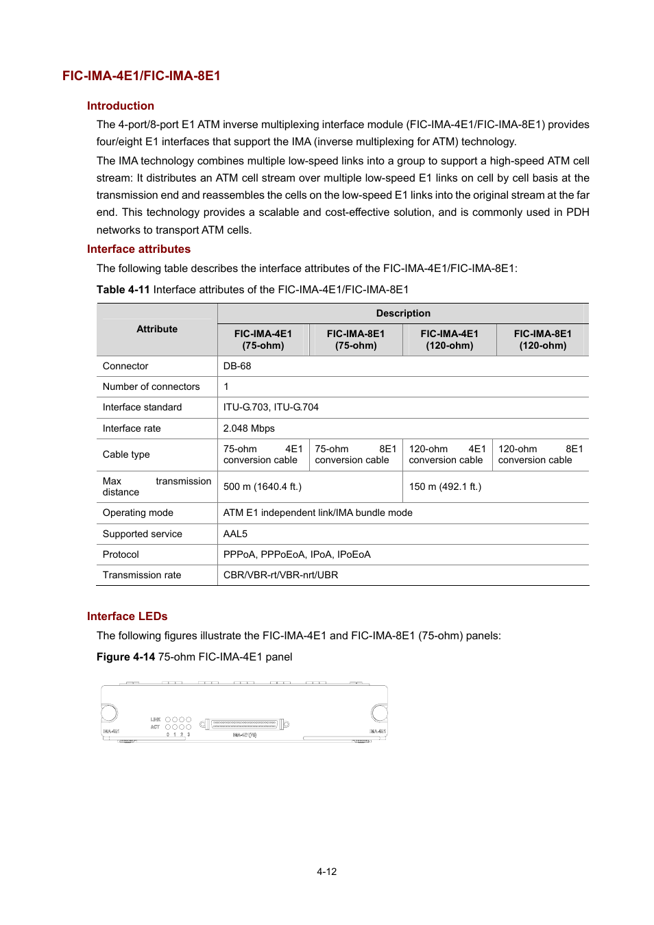 Fic-ima-4e1/fic-ima-8e1, Introduction, Interface attributes | Interface leds | H3C Technologies H3C MSR 50 User Manual | Page 207 / 308