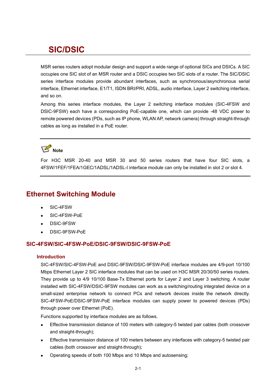 2 sic/dsic, Ethernet switching module, Sic-4fsw/sic-4fsw-poe/dsic-9fsw/dsic-9fsw-poe | Introduction, Sic/dsic | H3C Technologies H3C MSR 50 User Manual | Page 21 / 308