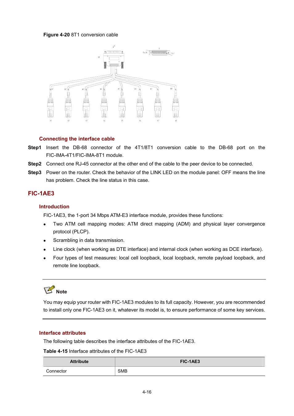 Connecting the interface cable, Fic-1ae3, Introduction | Interface attributes | H3C Technologies H3C MSR 50 User Manual | Page 211 / 308