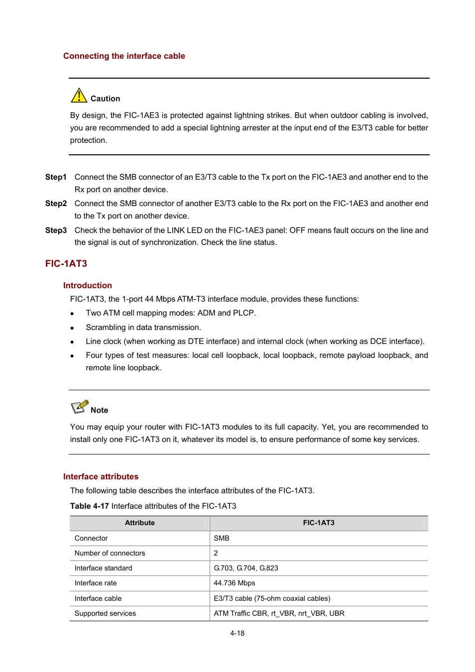 Connecting the interface cable, Fic-1at3, Introduction | Interface attributes | H3C Technologies H3C MSR 50 User Manual | Page 213 / 308