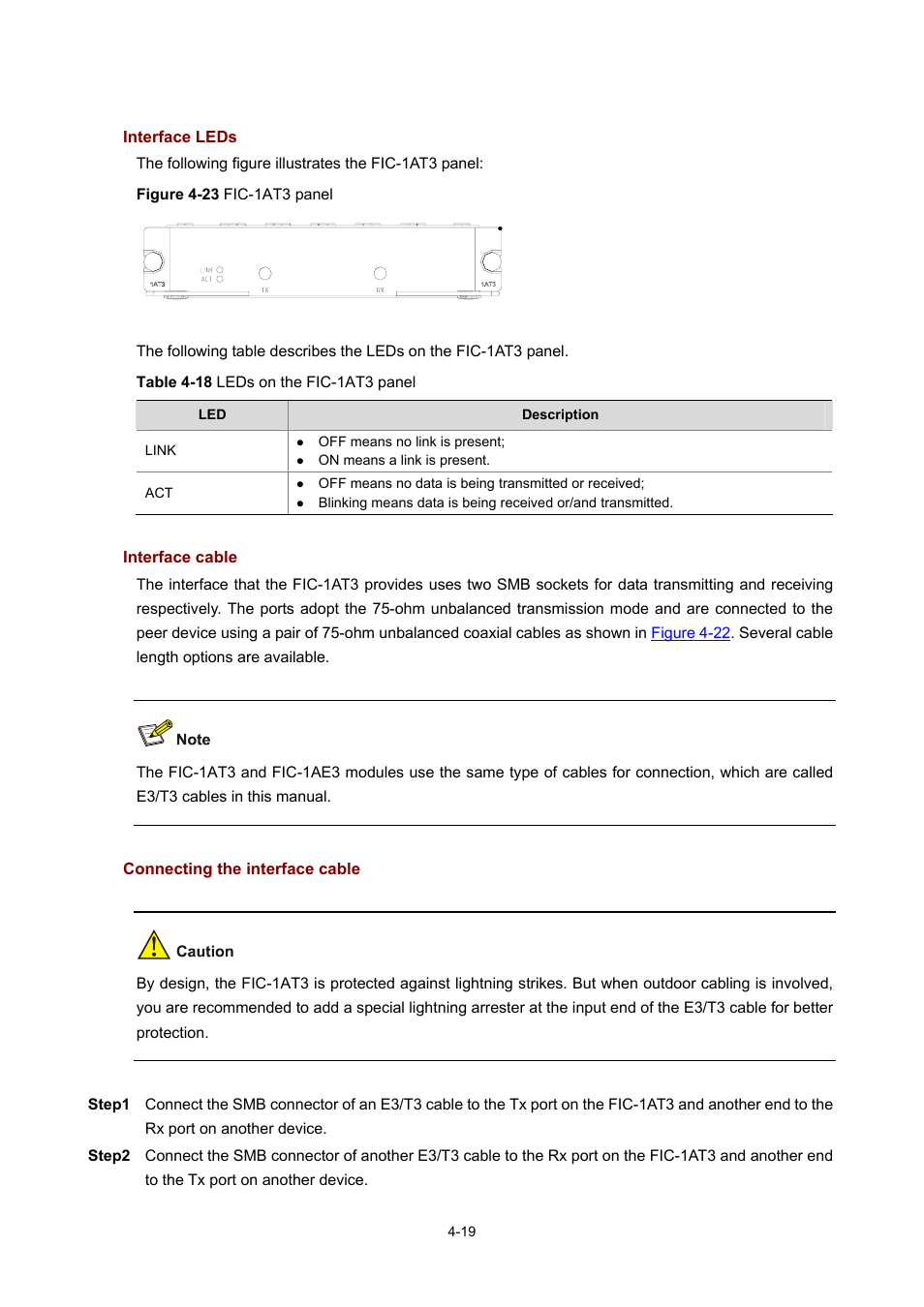 Interface leds, Interface cable, Connecting the interface cable | H3C Technologies H3C MSR 50 User Manual | Page 214 / 308