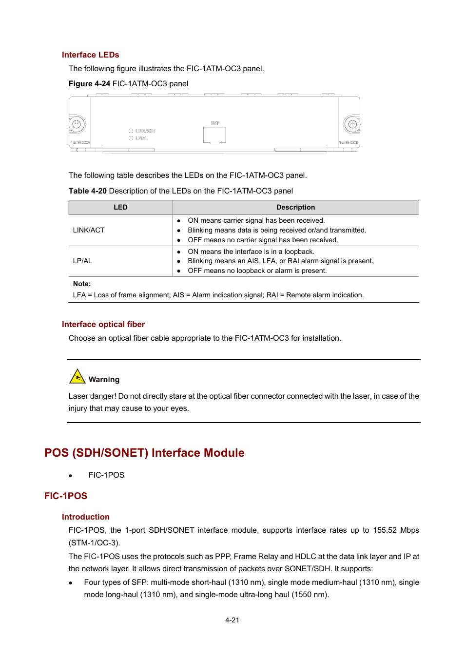 Interface leds, Interface optical fiber, Pos (sdh/sonet) interface module | Fic-1pos, Introduction | H3C Technologies H3C MSR 50 User Manual | Page 216 / 308