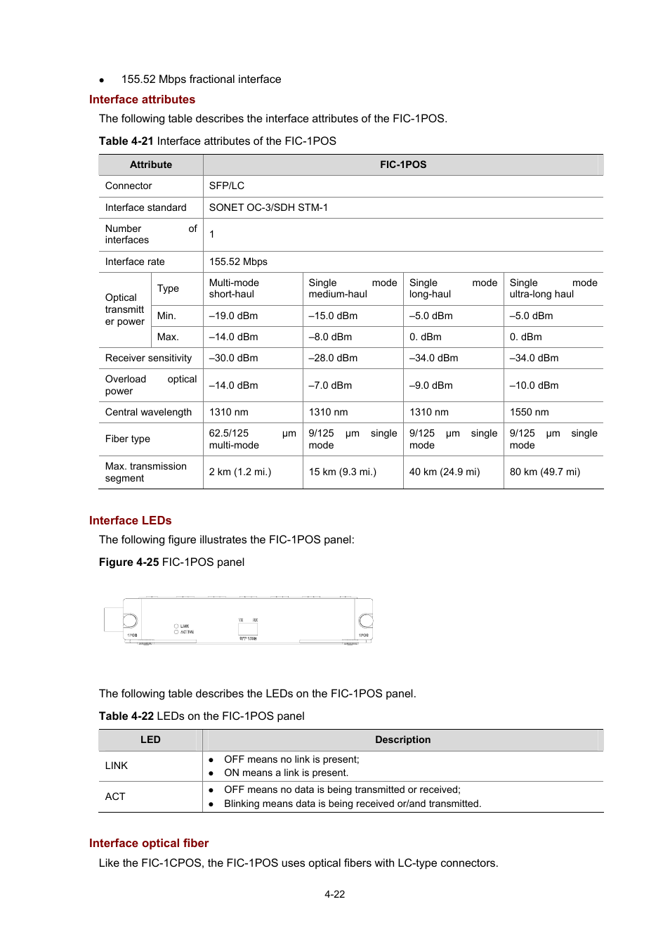 Interface attributes, Interface leds, Interface optical fiber | H3C Technologies H3C MSR 50 User Manual | Page 217 / 308