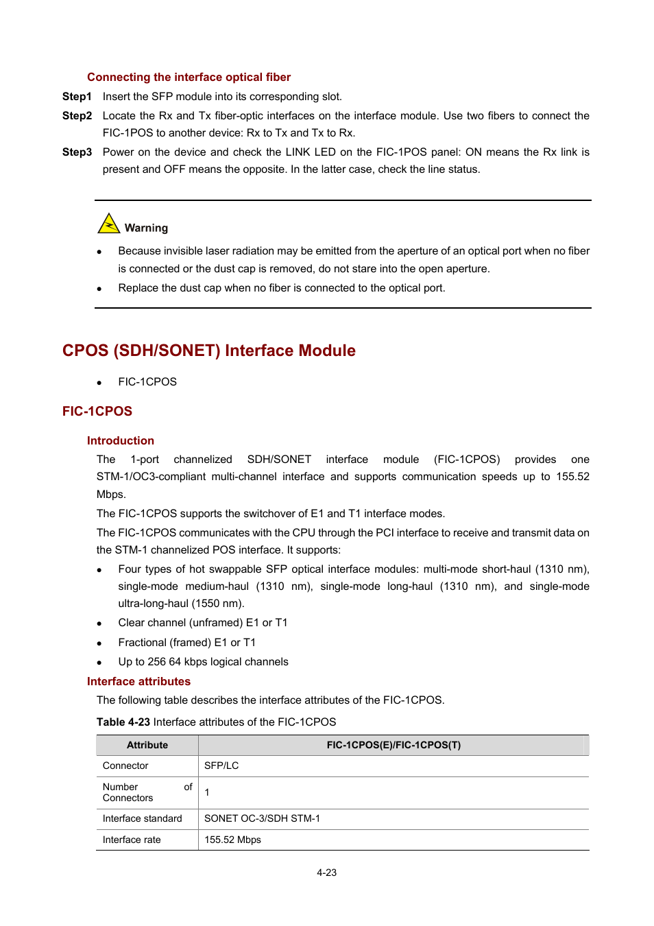 Connecting the interface optical fiber, Cpos (sdh/sonet) interface module, Fic-1cpos | Introduction, Interface attributes | H3C Technologies H3C MSR 50 User Manual | Page 218 / 308