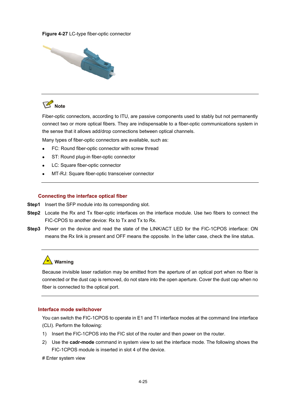 Connecting the interface optical fiber, Interface mode switchover | H3C Technologies H3C MSR 50 User Manual | Page 220 / 308