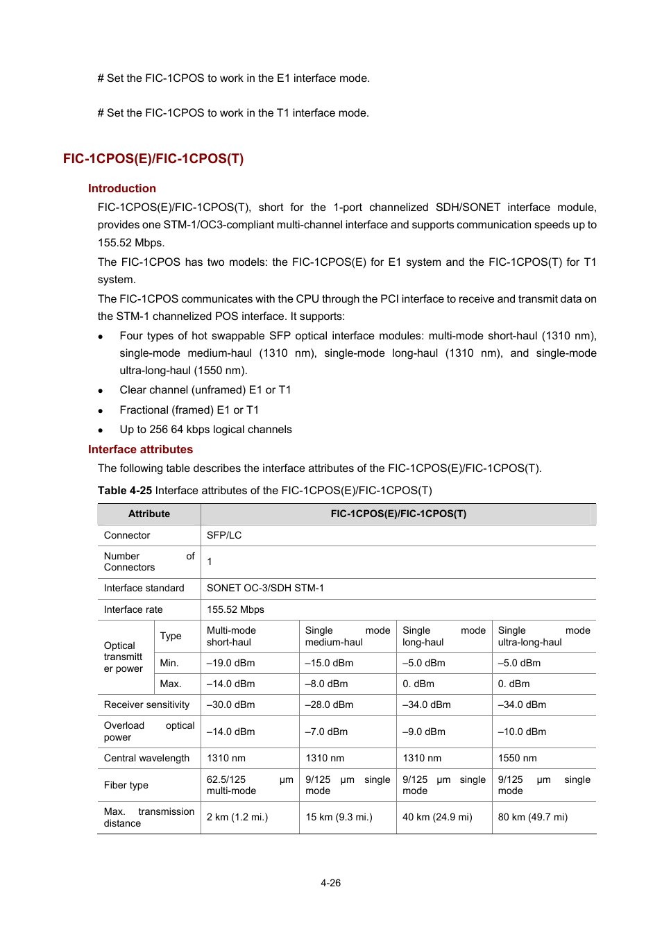 Fic-1cpos(e)/fic-1cpos(t), Introduction, Interface attributes | H3C Technologies H3C MSR 50 User Manual | Page 221 / 308