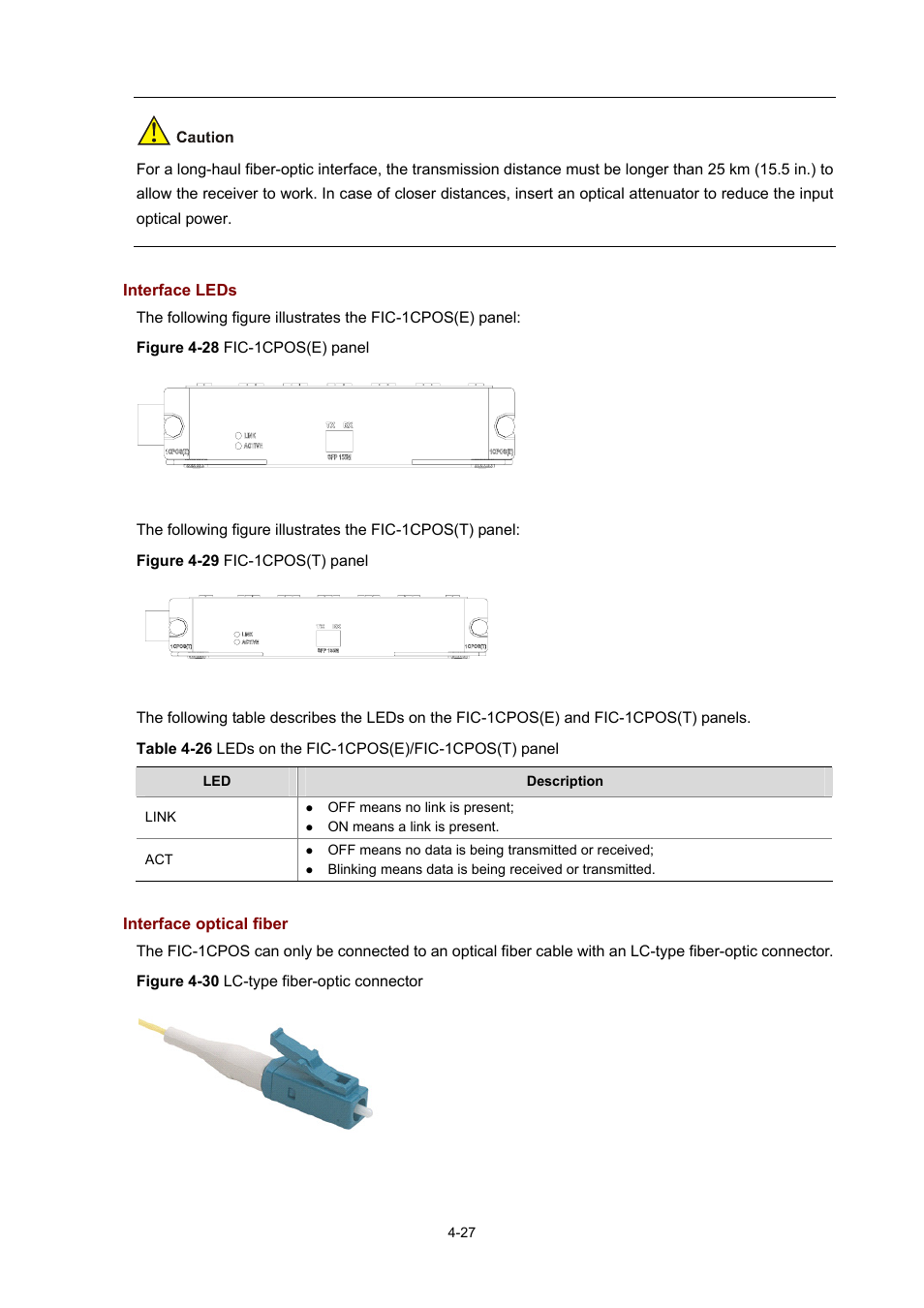 Interface leds, Interface optical fiber | H3C Technologies H3C MSR 50 User Manual | Page 222 / 308