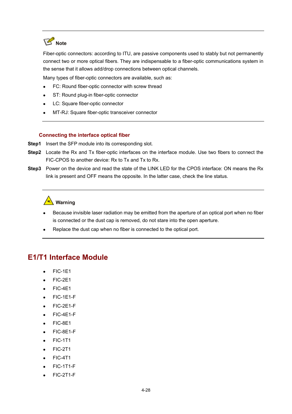 Connecting the interface optical fiber, E1/t1 interface module | H3C Technologies H3C MSR 50 User Manual | Page 223 / 308