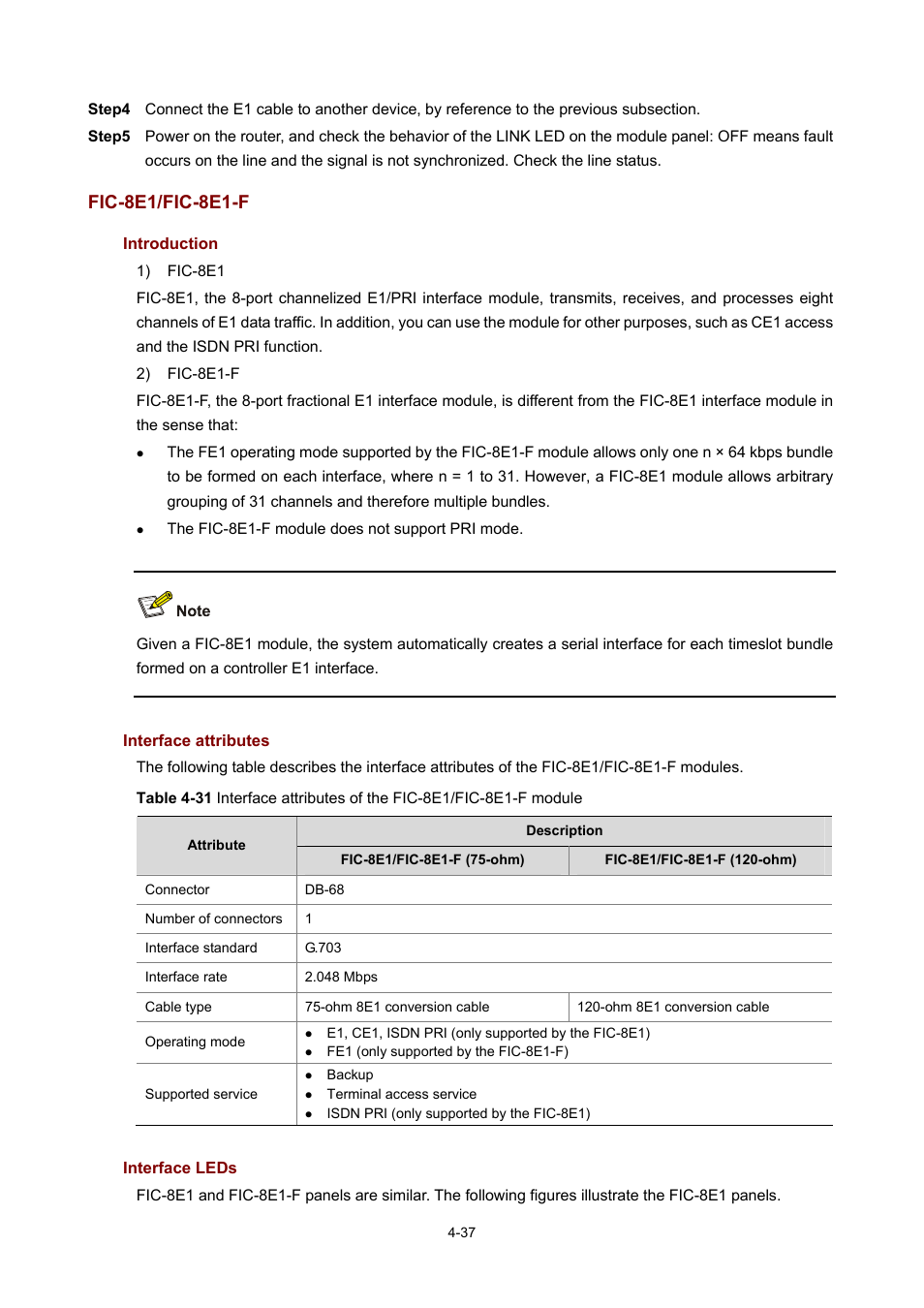 Fic-8e1/fic-8e1-f, Introduction, Interface attributes | Interface leds | H3C Technologies H3C MSR 50 User Manual | Page 232 / 308