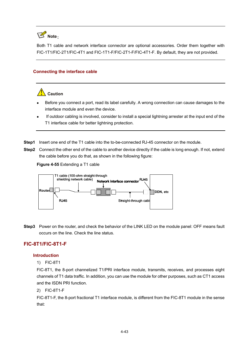 Connecting the interface cable, Fic-8t1/fic-8t1-f, Introduction | H3C Technologies H3C MSR 50 User Manual | Page 238 / 308