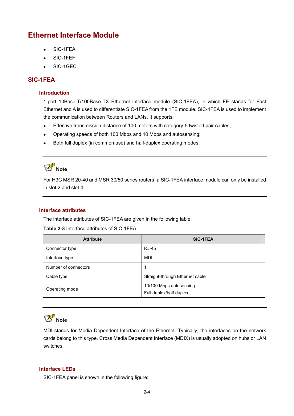 Ethernet interface module, Sic-1fea, Introduction | Interface attributes, Interface leds | H3C Technologies H3C MSR 50 User Manual | Page 24 / 308