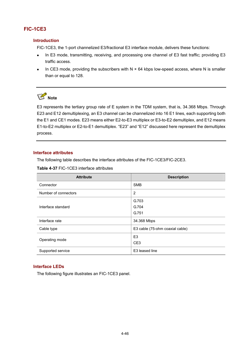 Fic-1ce3, Introduction, Interface attributes | Interface leds | H3C Technologies H3C MSR 50 User Manual | Page 241 / 308