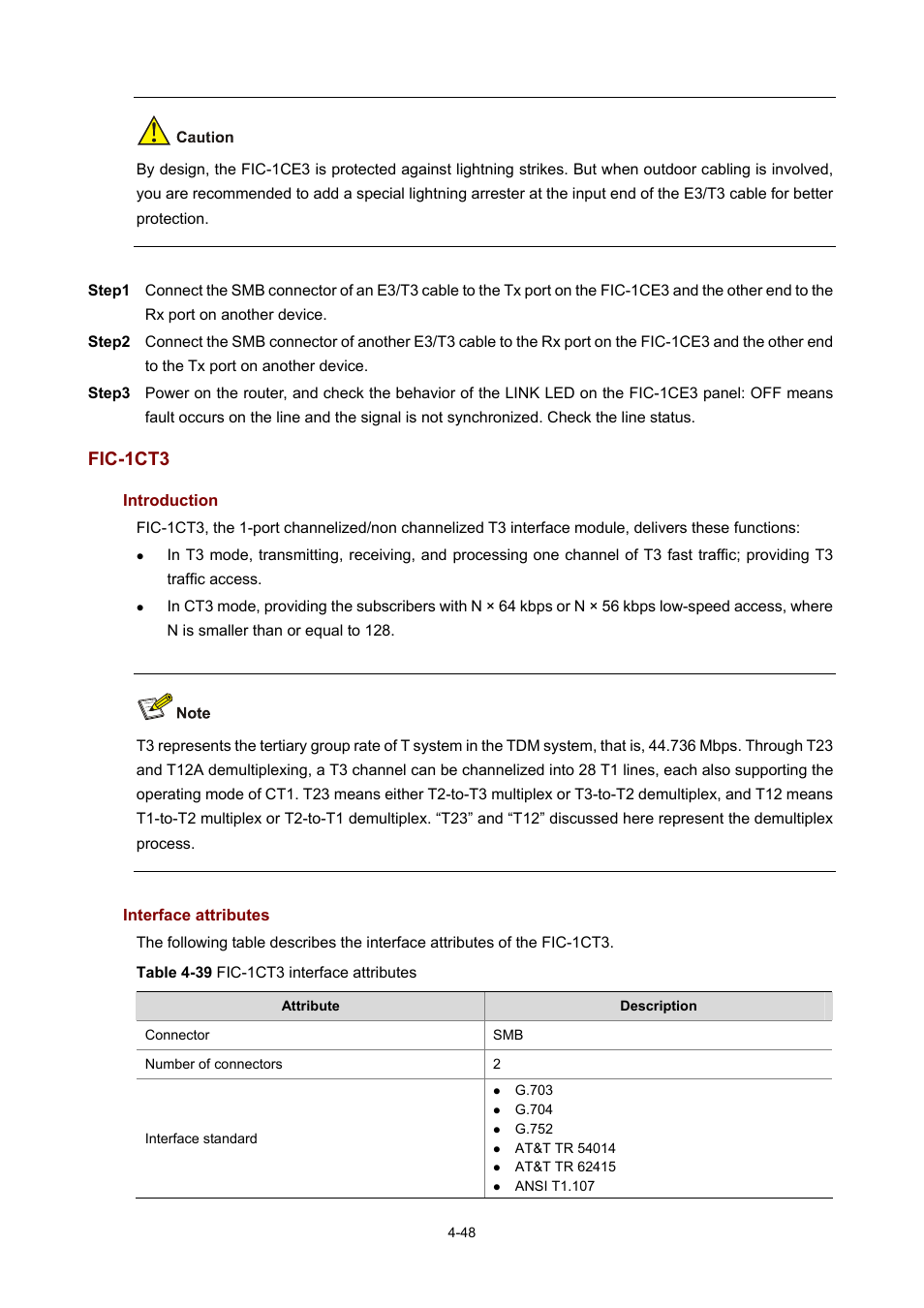 Fic-1ct3, Introduction, Interface attributes | H3C Technologies H3C MSR 50 User Manual | Page 243 / 308