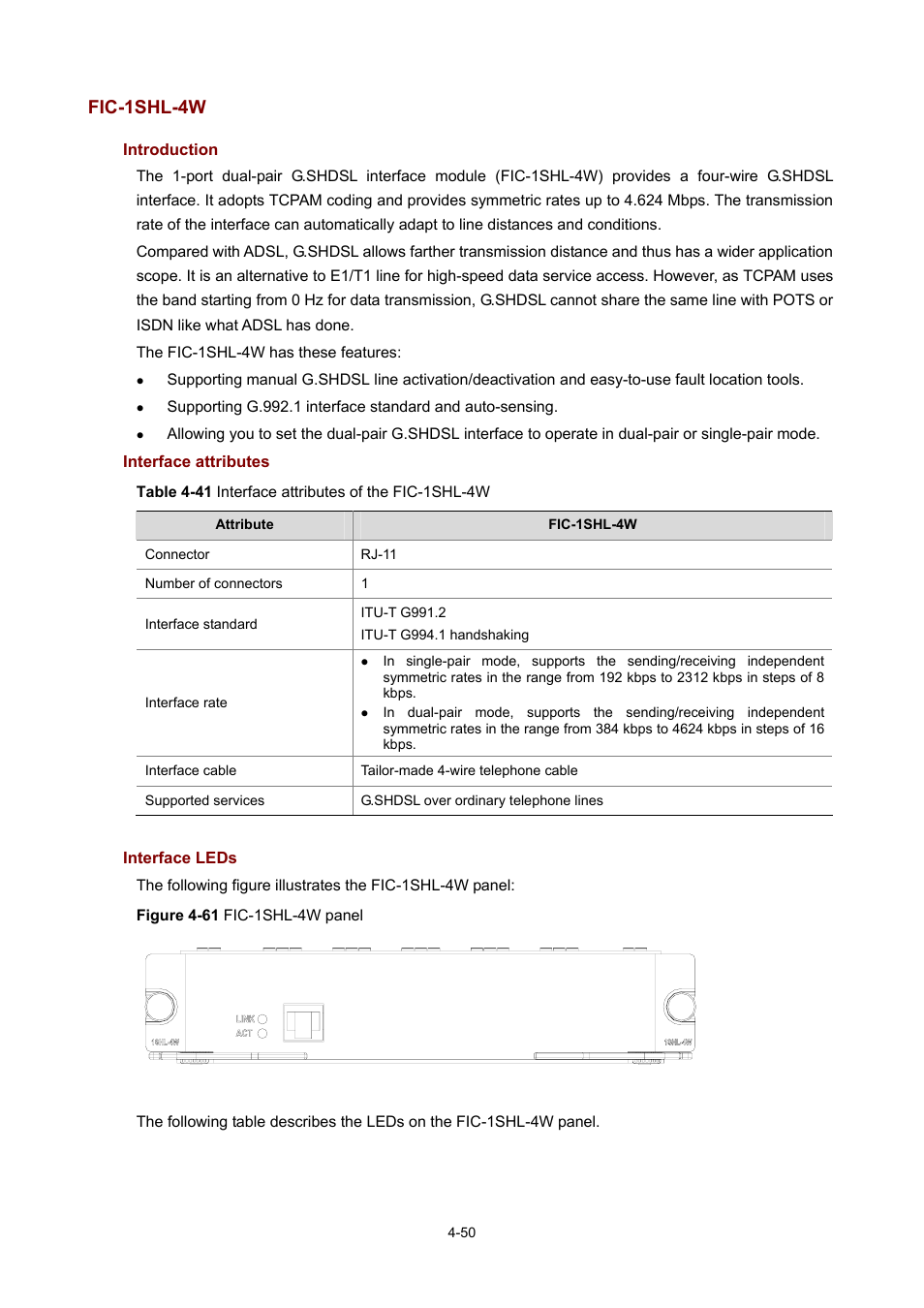 Fic-1shl-4w, Introduction, Interface attributes | Interface leds | H3C Technologies H3C MSR 50 User Manual | Page 245 / 308